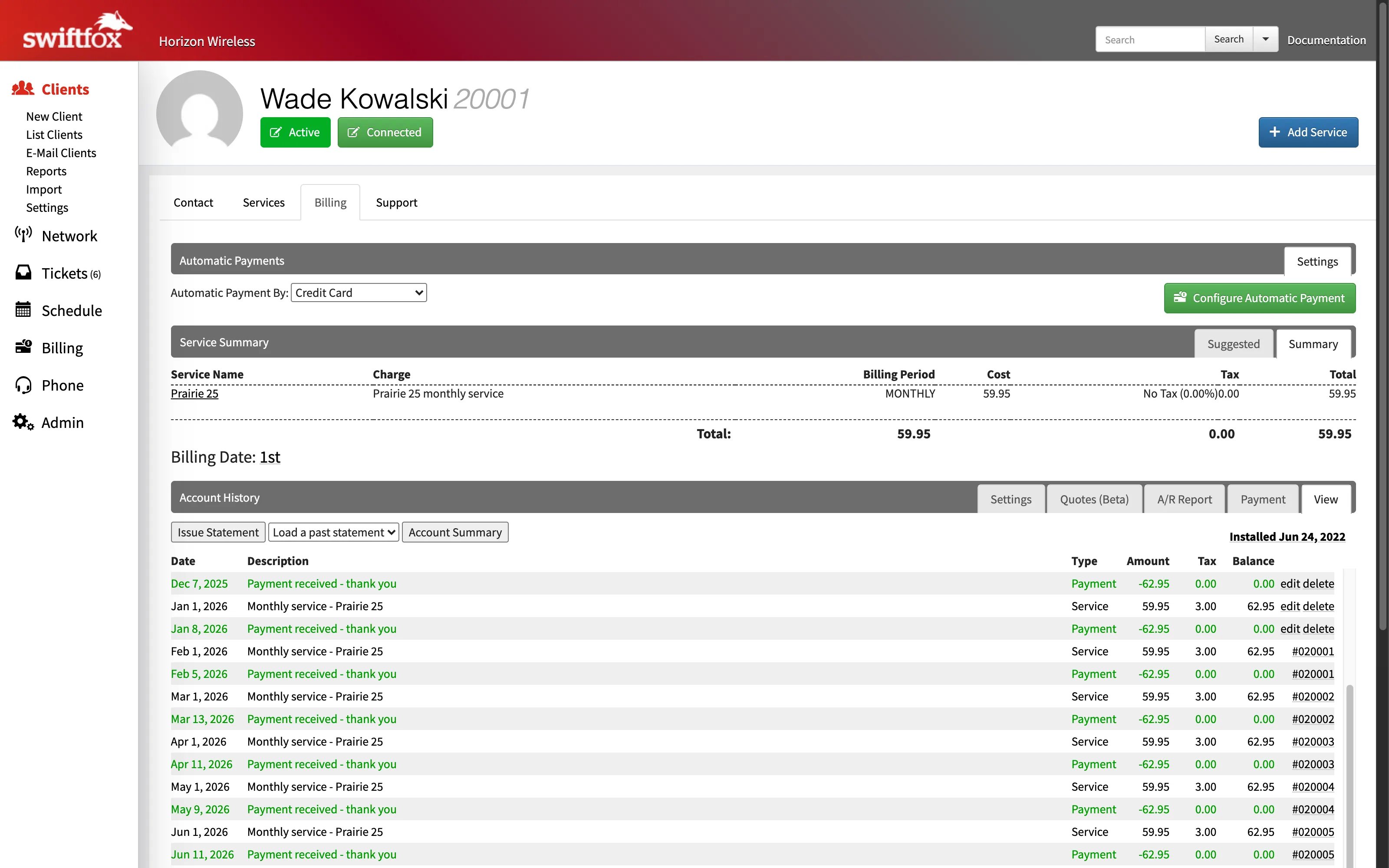 A customer account's billing tab: automatic credit card payments configured, the service summary, and the full ledger of monthly charges and payments with statement links