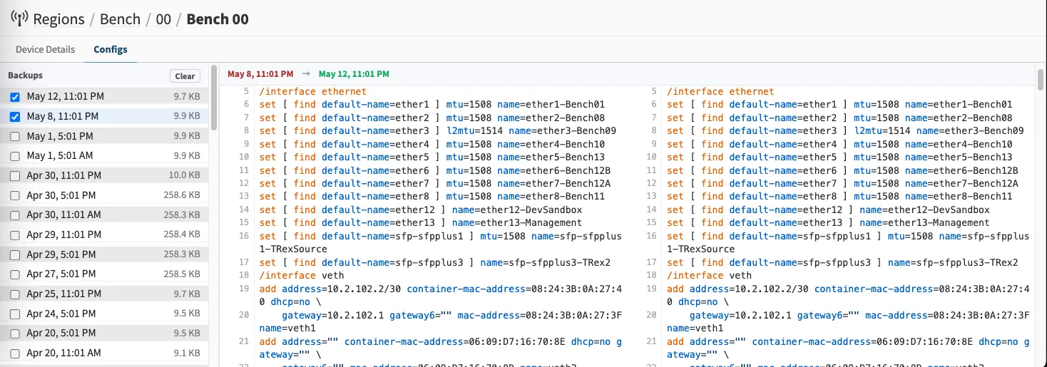 The Configs tab for a device showing dated backup history and a side-by-side diff between two selected versions