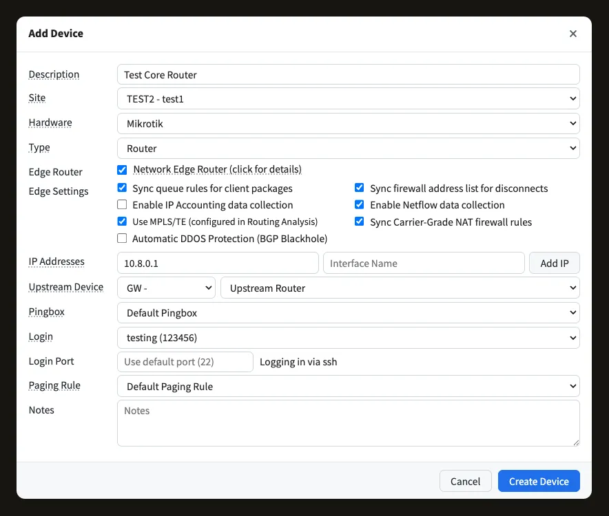 The Add Device dialog with Network Edge Router enabled and edge settings shown