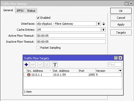 The Winbox Traffic Flow settings dialog with the flow target pointed at the pingbox IP