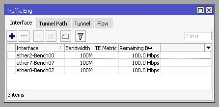 The Winbox Traffic Eng interface list with backhaul interfaces and their bandwidths